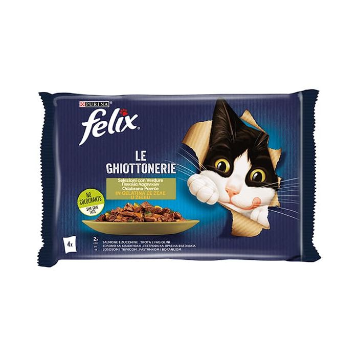 Felix Gatto Le Ghiottonerie, con Verdure, Salmone e Trota in Gelatina, 4x85gr
