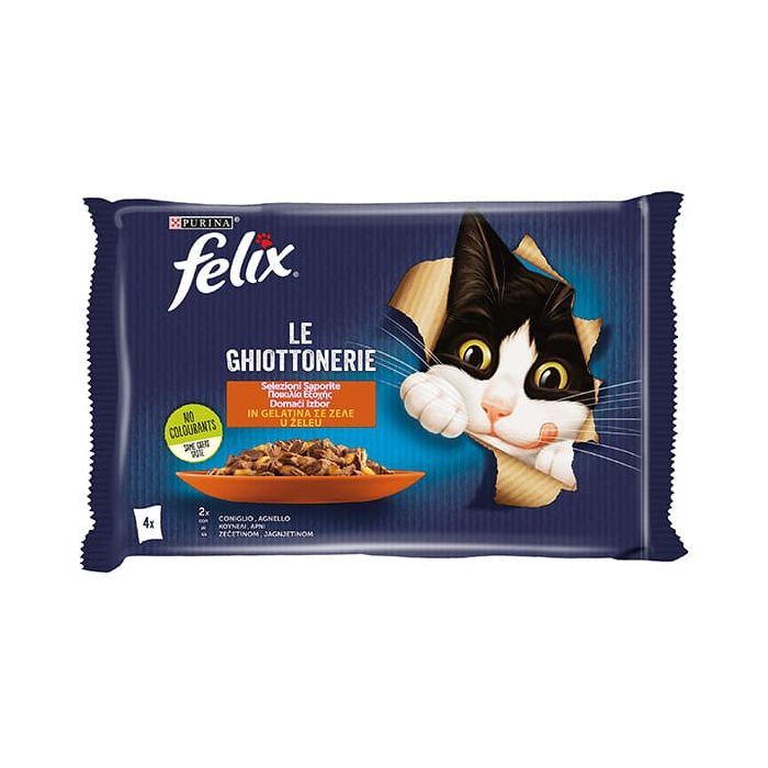 Felix Gatto Le Ghiottonerie, con Coniglio e Agnello in Gelatina, 4x85gr