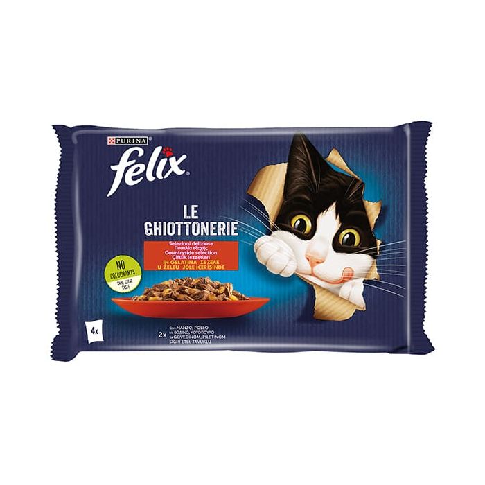 Felix Gatto Le Ghiottonerie, con Manzo e Pollo in Gelatina, 4x85gr