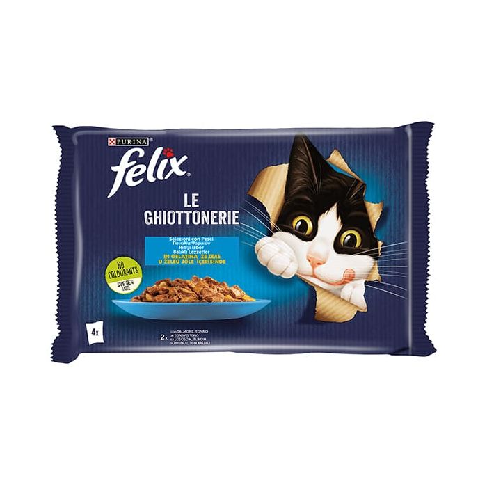 Felix Gatto Le Ghiottonerie, con Salmone e Tonno in Gelatina, 4x85gr