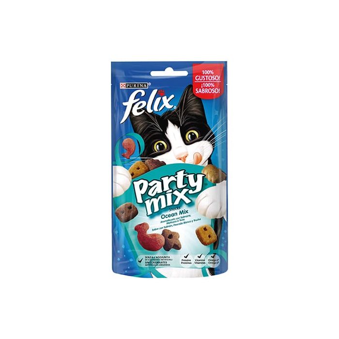 Felix Party Mix Gatto Snack Ocean Mix con Salmone, Merluzzo e Trota, 60 Gr