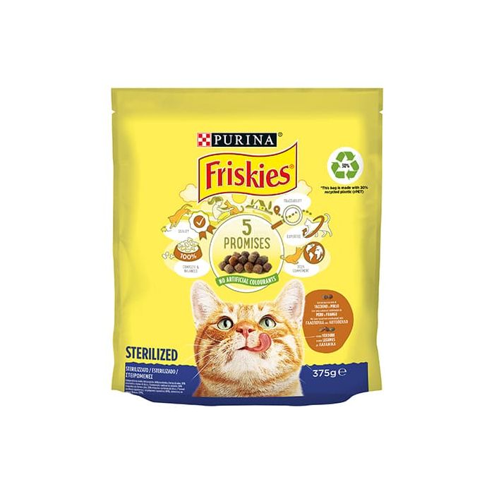 Friskies Gatti Sterilizzati, Crocchette con un gustoso mix di Pollo e Tacchino e con verdure 375 Gr