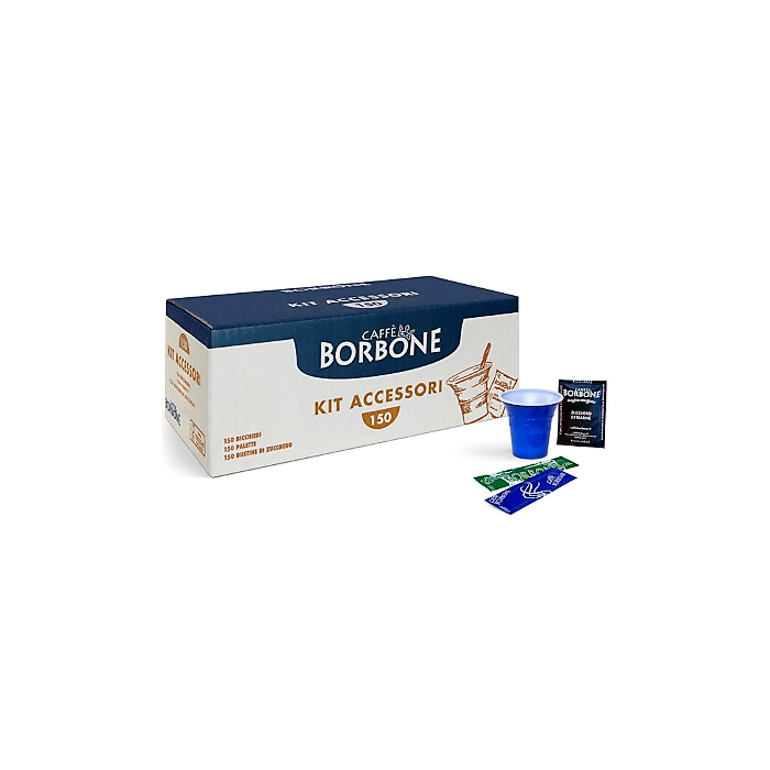 Kit caffè bicchierini palettine e zucchero Borbone, composto da 150 pezzi ciascuno