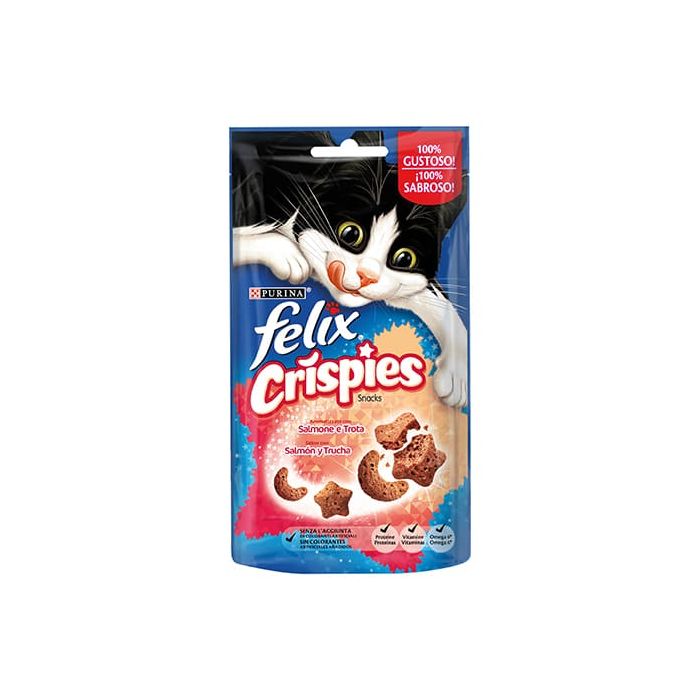 Purina Felix Crispies per Gatto, Snack con Salmone e Trota, 45gr