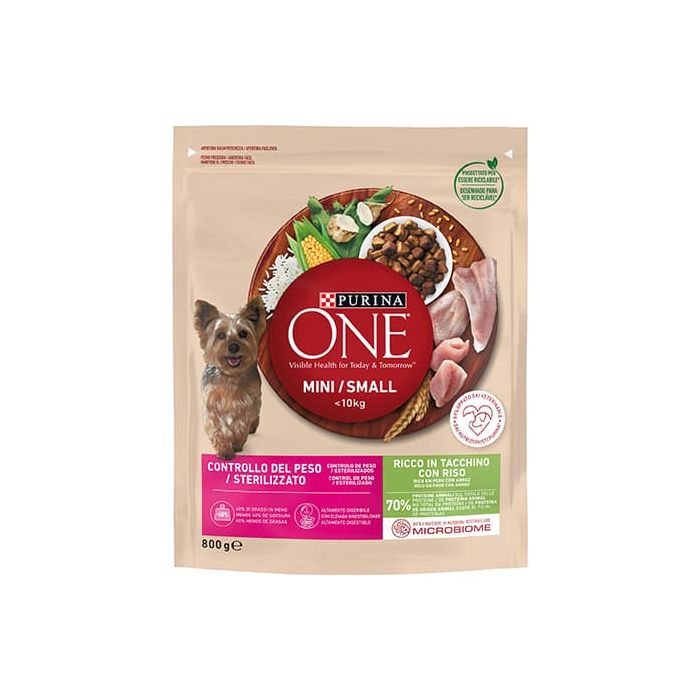 Purina ONE Mini Dog - Controllo del peso - Sterilizzato - con Tacchino e Riso 800 Gr