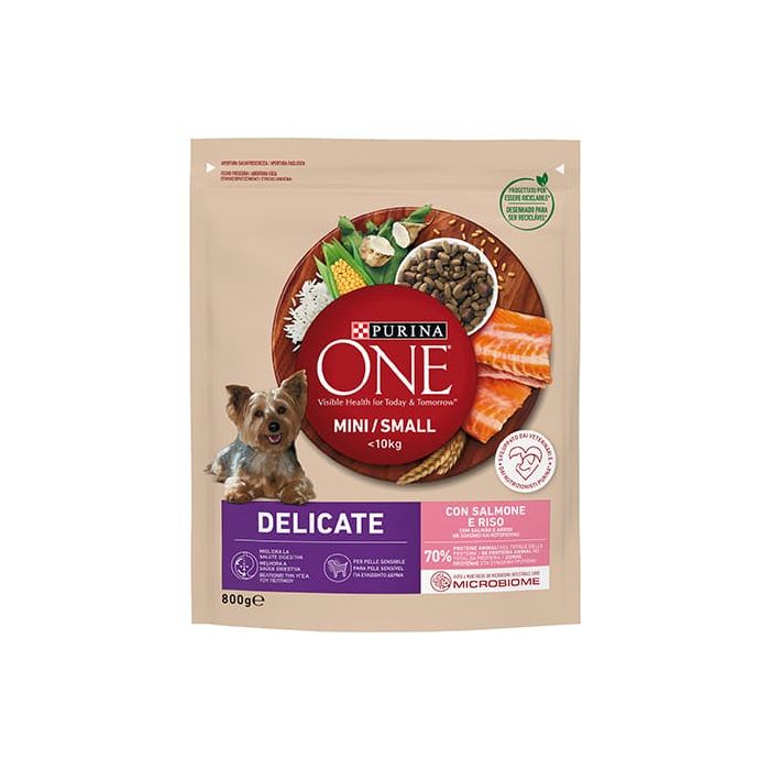 Purina One Mini Small Dog Delicate, Ricco in Salmone con Riso 800 Gr
